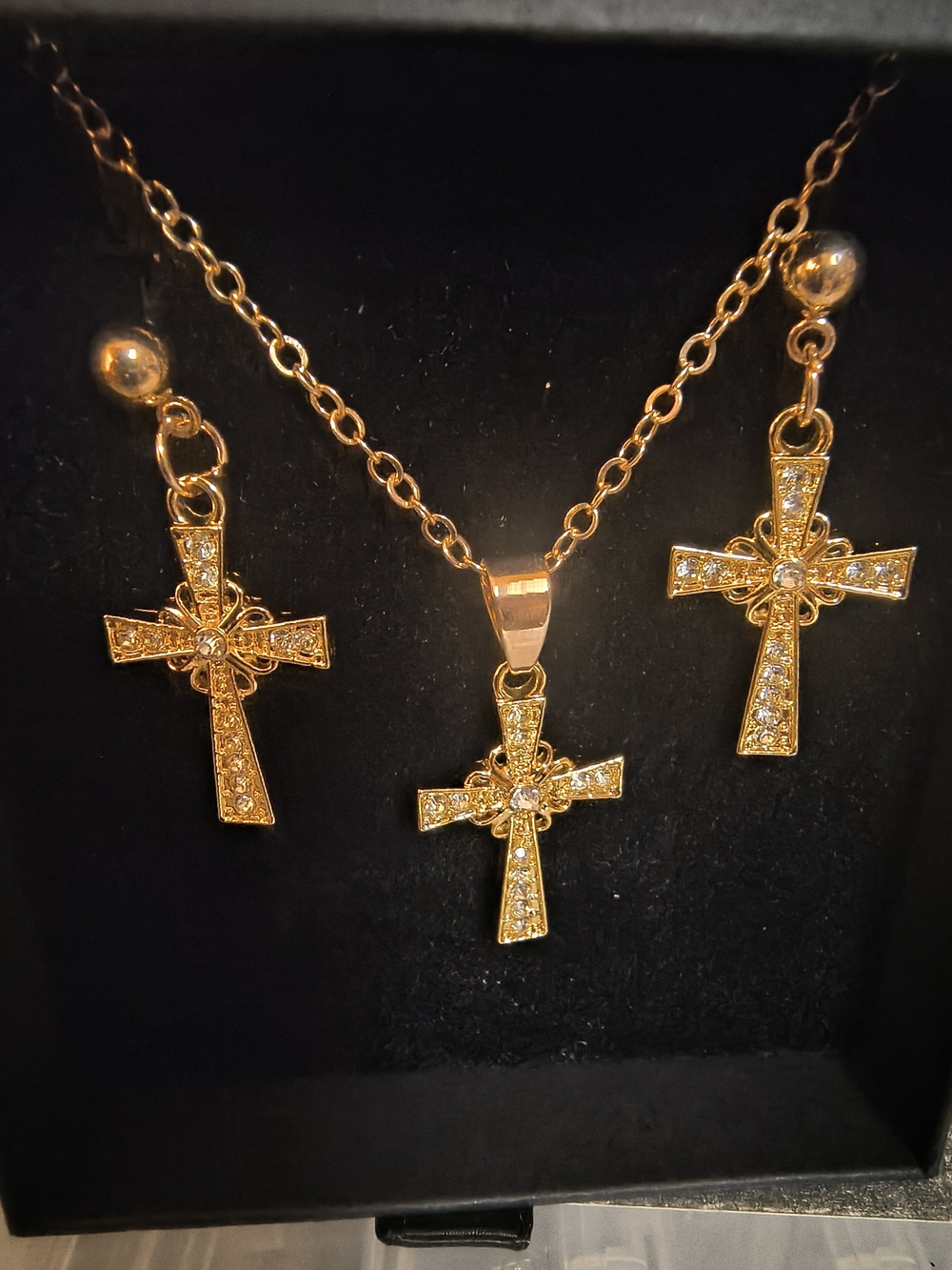 Gold Cross Pendant Necklace and Earrings Set - Sparkling Crystal Accent